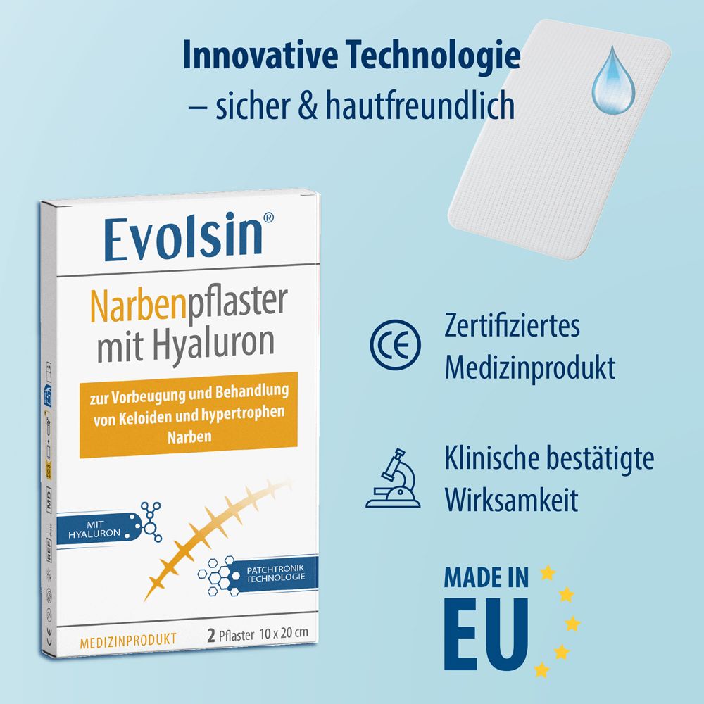 Emballage du pansement cicatrisant Evolsin. Montre certification, efficacité clinique, Made in EU.