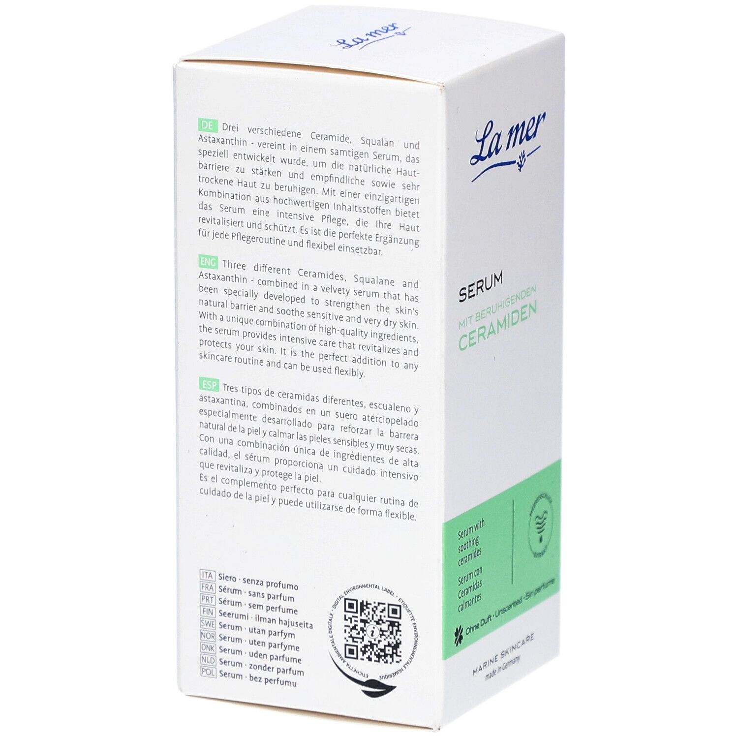 Boîte blanche avec texte multilingue. Code QR et logo "La mer" sur le côté. Logo "Marine Skincare".