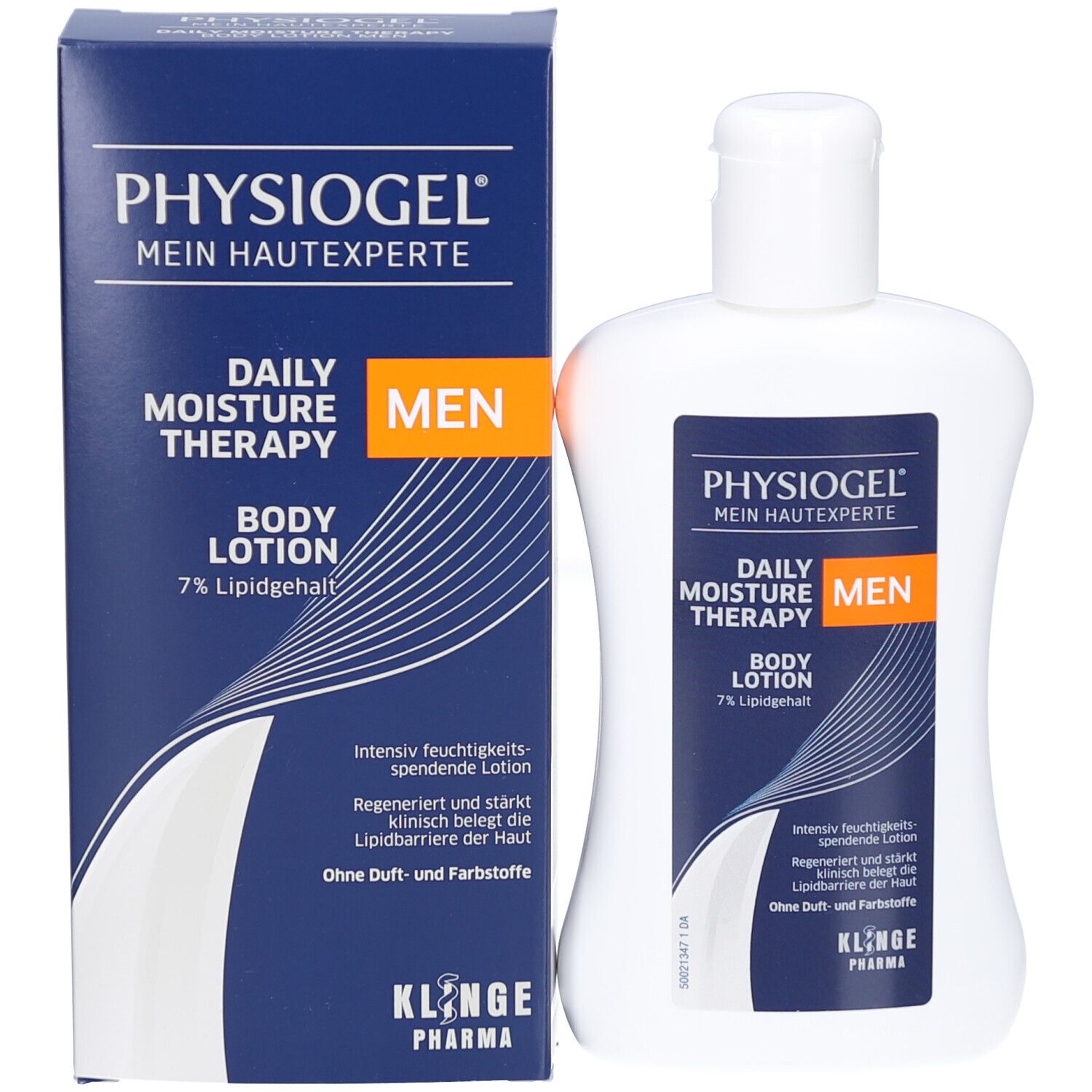 PHYSIOGEL® Daily Moisture Therapy MEN Body Lotion et emballage. Emballage bleu et blanc. Flacon à côté.