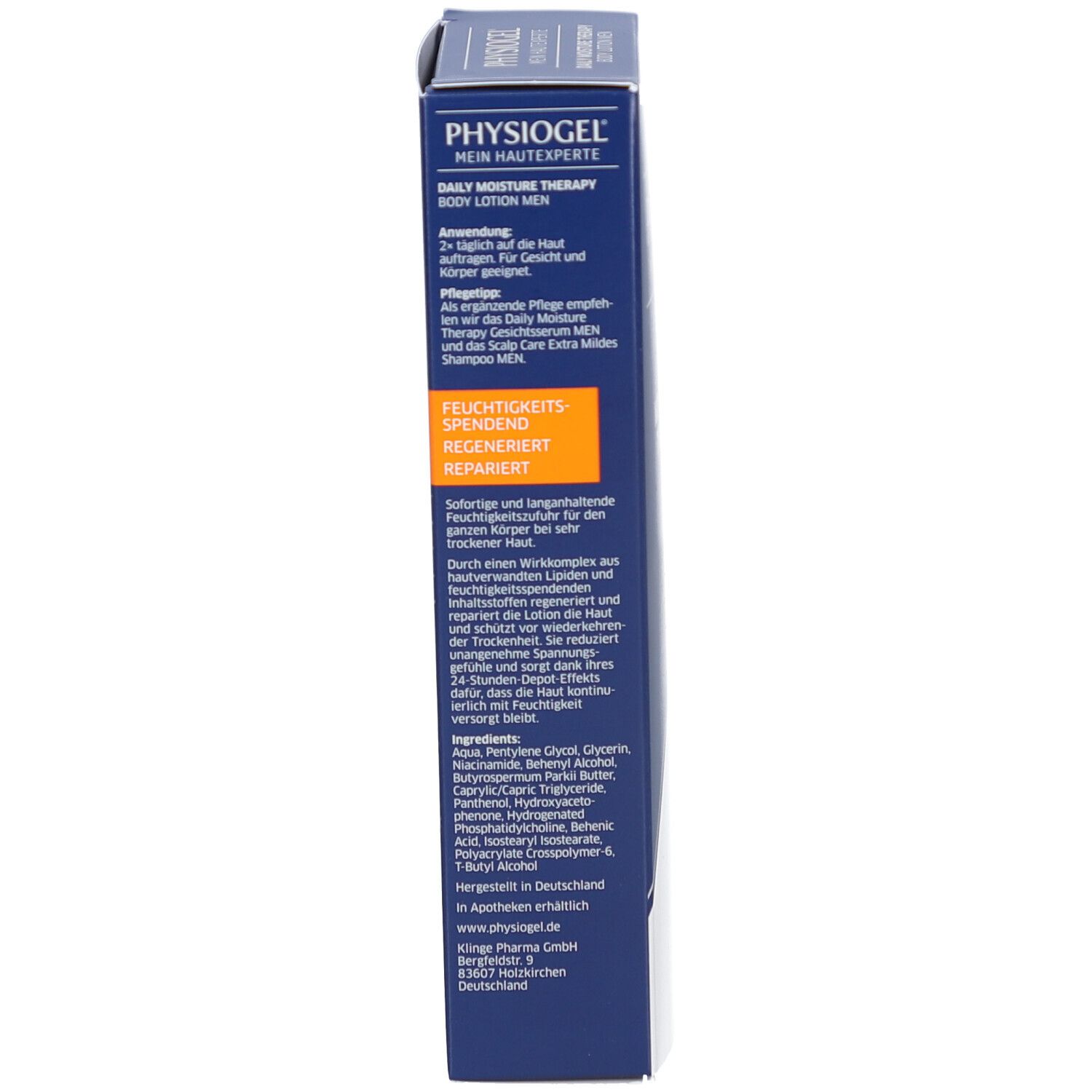 Côté de l'emballage bleu PHYSIOGEL® Daily Moisture Therapy MEN Body Lotion. Informations textuelles.