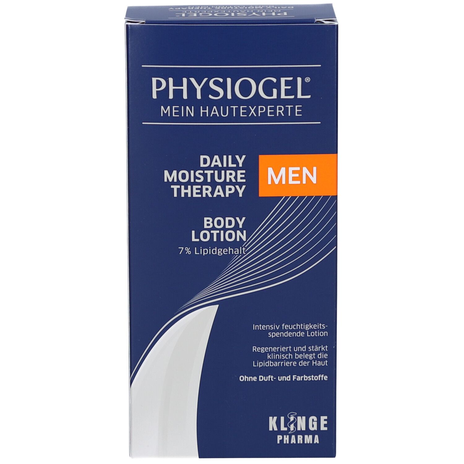 Emballage bleu PHYSIOGEL® Daily Moisture Therapy MEN Body Lotion. Nom du produit et informations sur le devant.