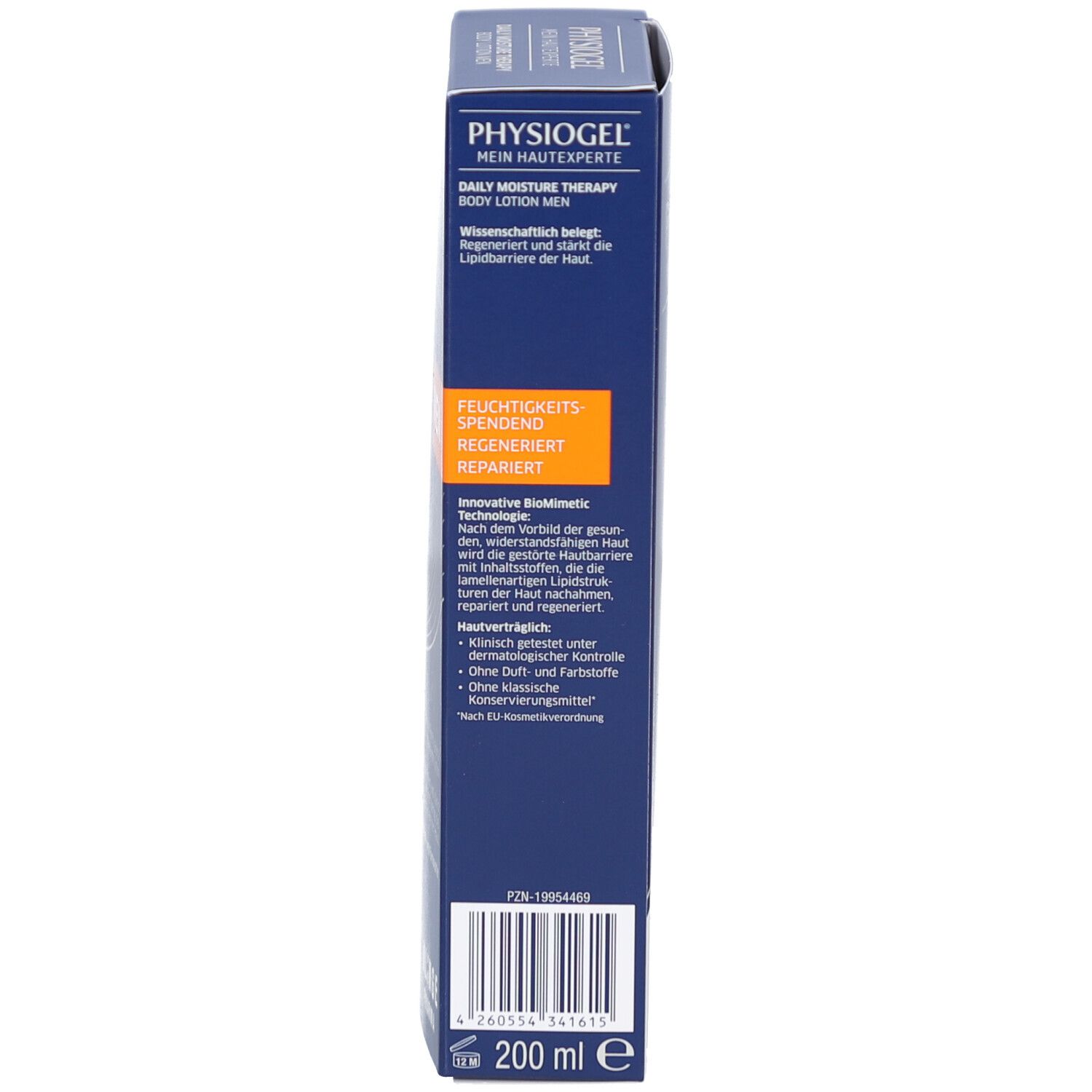 Côté de l'emballage bleu PHYSIOGEL® Daily Moisture Therapy MEN Body Lotion. Informations textuelles et volume.