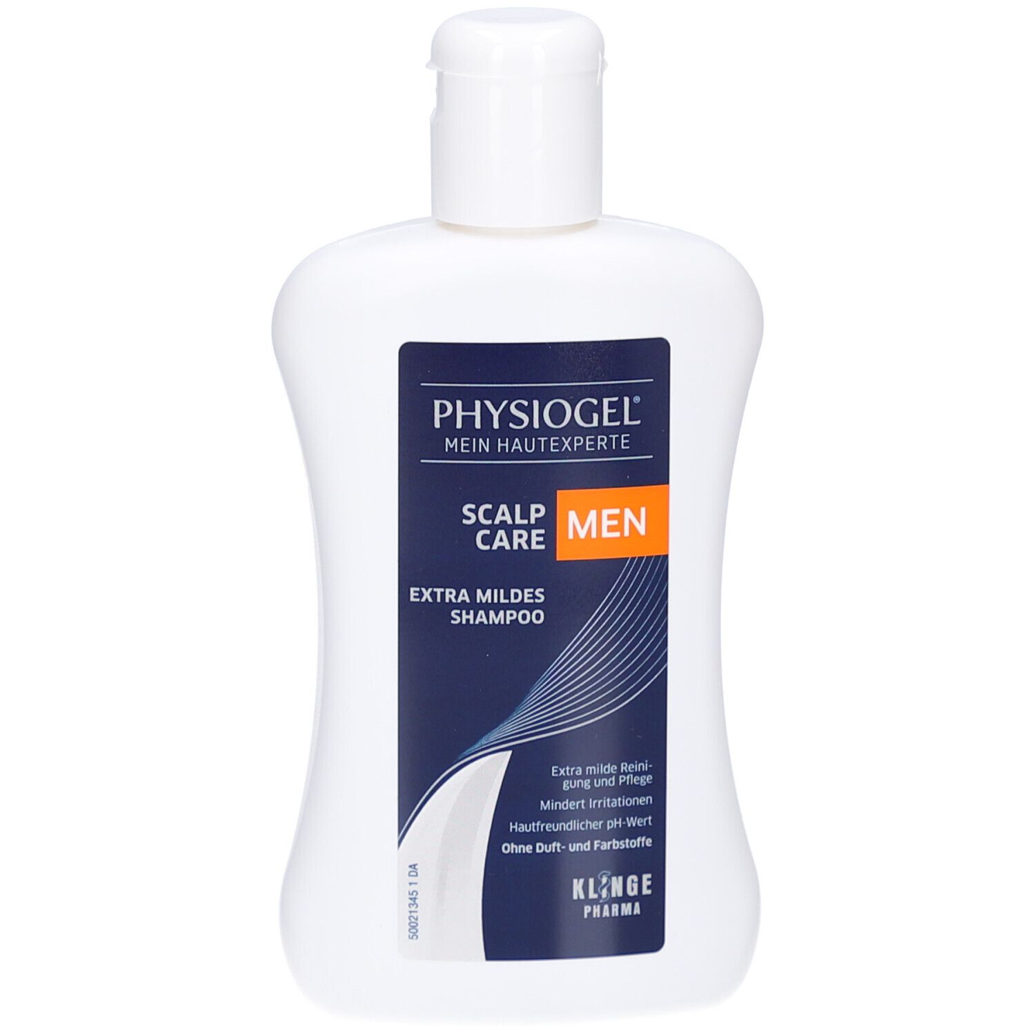 Witte fles Physiogel Scalp Care Men Extra Milde Shampoo. Donkerblauw etiket met oranje "MEN" accent.