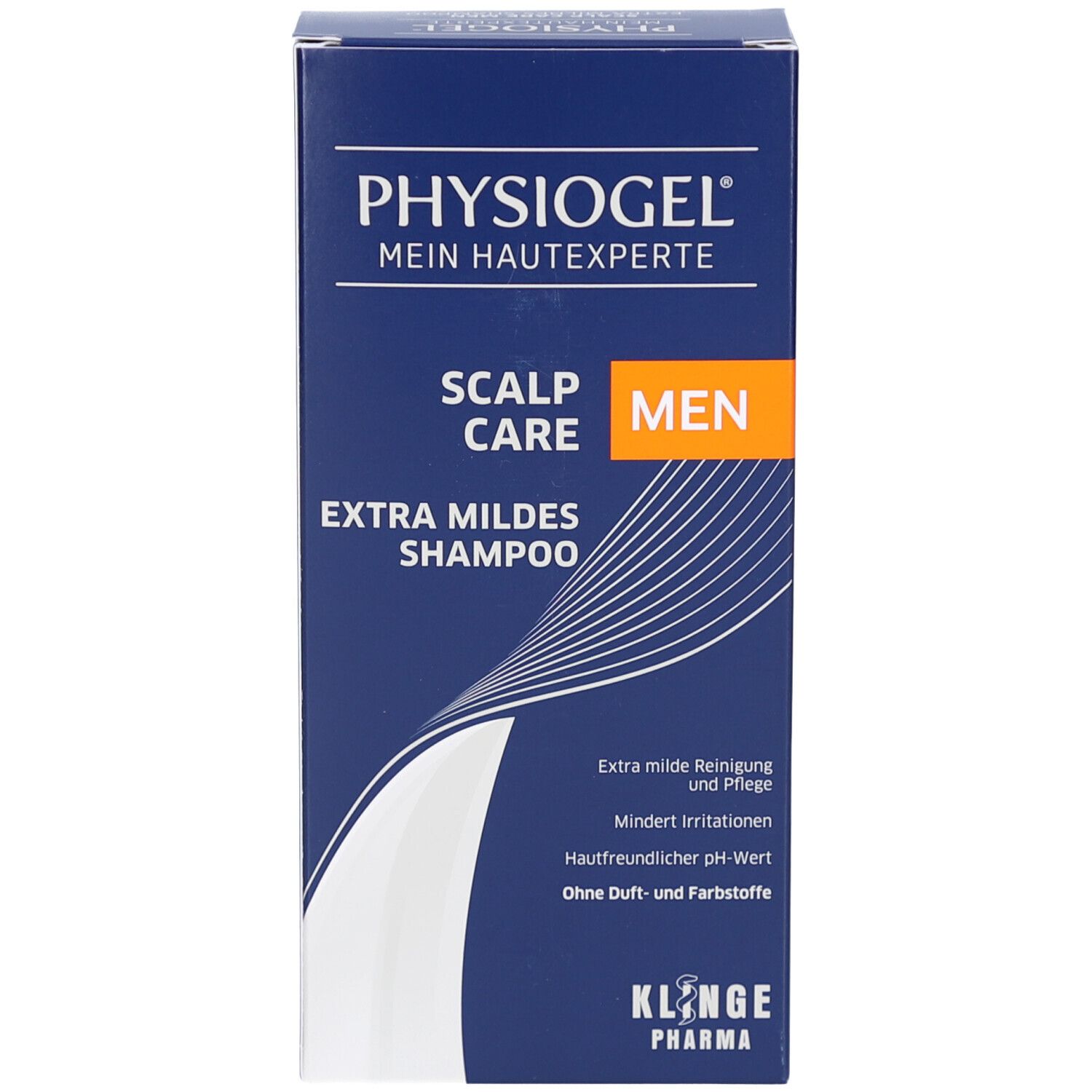 Physiogel Scalp Care Men Extra Milde Shampoo doos. Met KLONGE PHARMA logo.