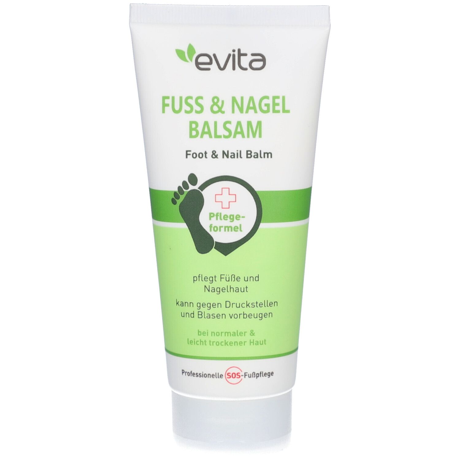 Wit-groene tube met productnaam en logo. Tekst: Fuss & Nagelbalsam, Foot & Nail Balm. Pflegeformel. Voetsymbool. Professionele SOS-voetverzorging.