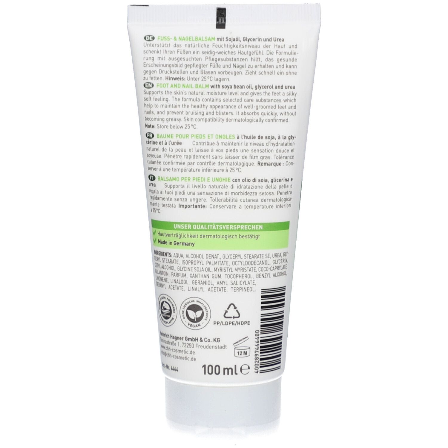 Achterkant van de tube. Tekst: Fuss & Nagelbalsam. Ingrediënten. 100 ml. Dermatologisch getest. Logo. Gemaakt in Duitsland. Recycling symbool.