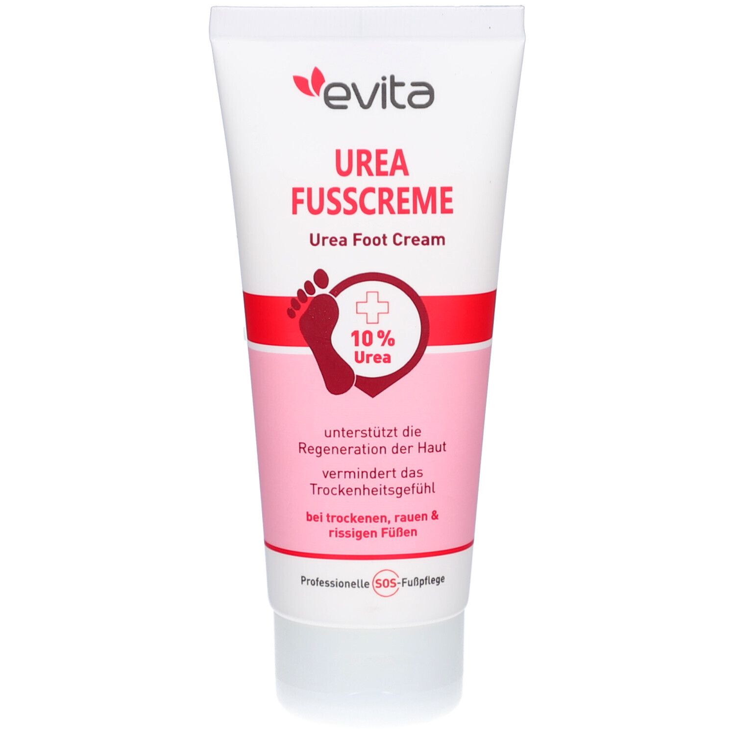 Witte tube met rode en roze tekst. Opschrift: evita Urea Fusscreme. Voetsymbool met 10% ureum. Professionele SOS-voetverzorging.