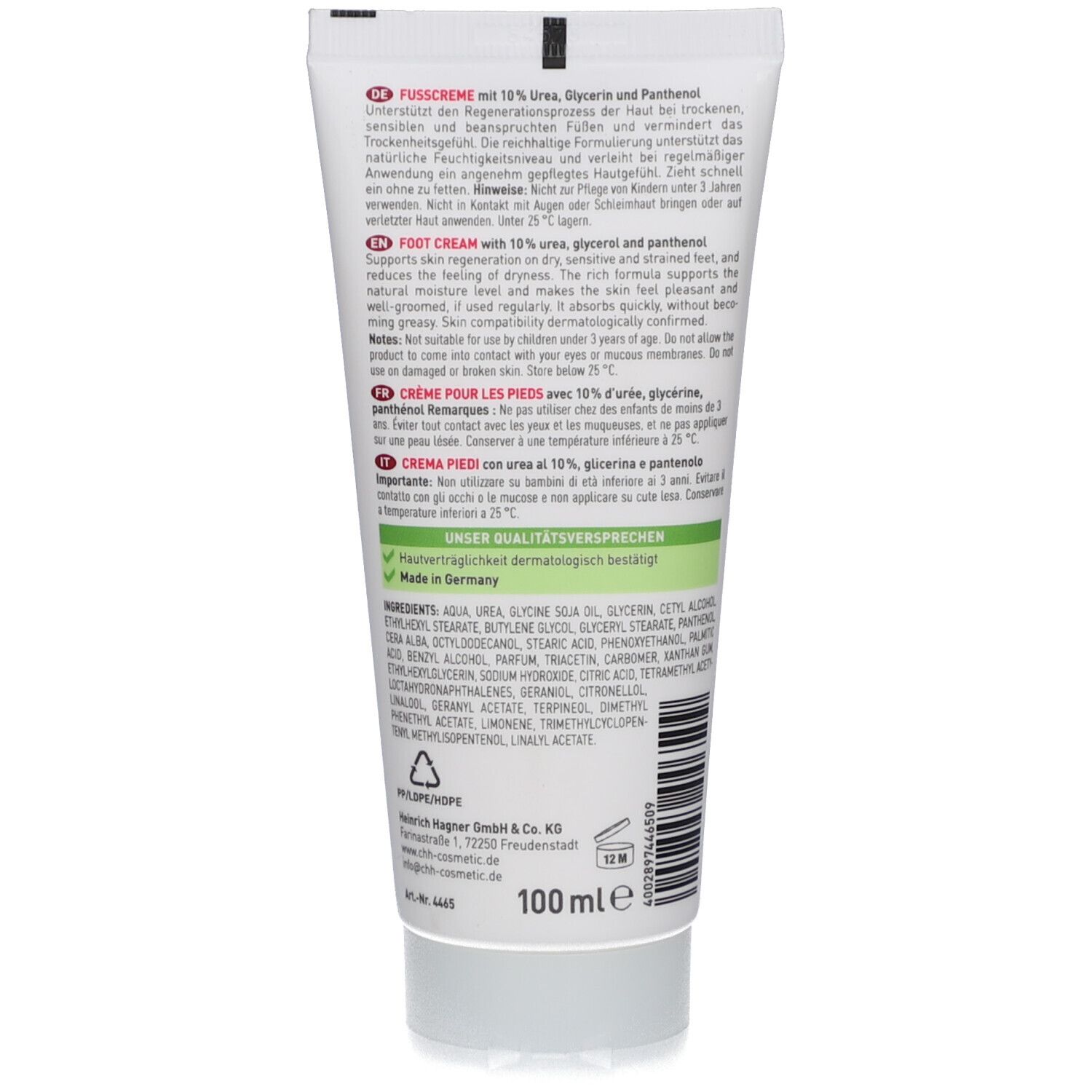 Achterkant van de tube. Tekst in het Duits, Engels, Frans en Italiaans. Ingrediënten en fabrikantgegevens. 100 ml.