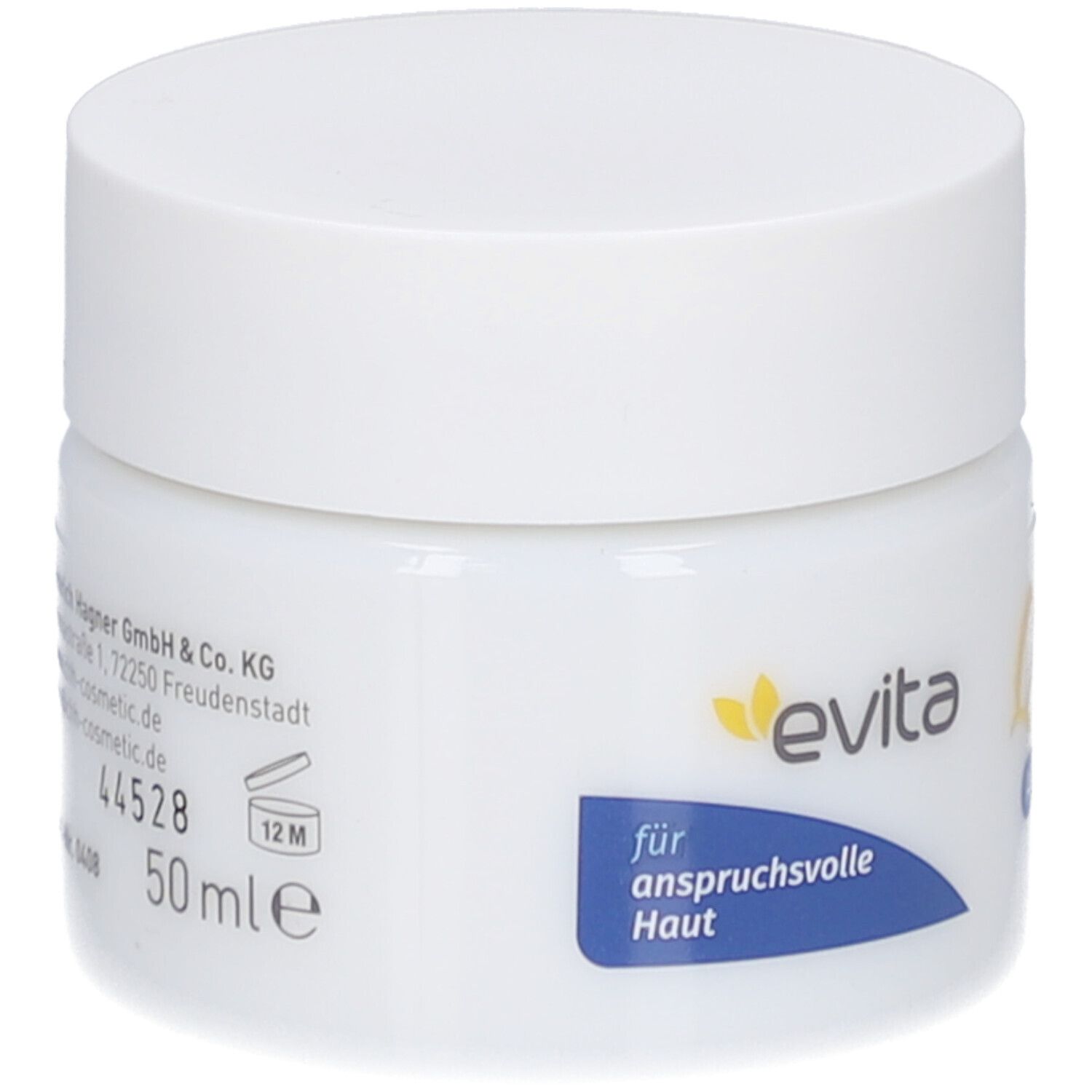 Witte pot met wit deksel. Opschrift: evita, voor veeleisende huid. 50 ml.