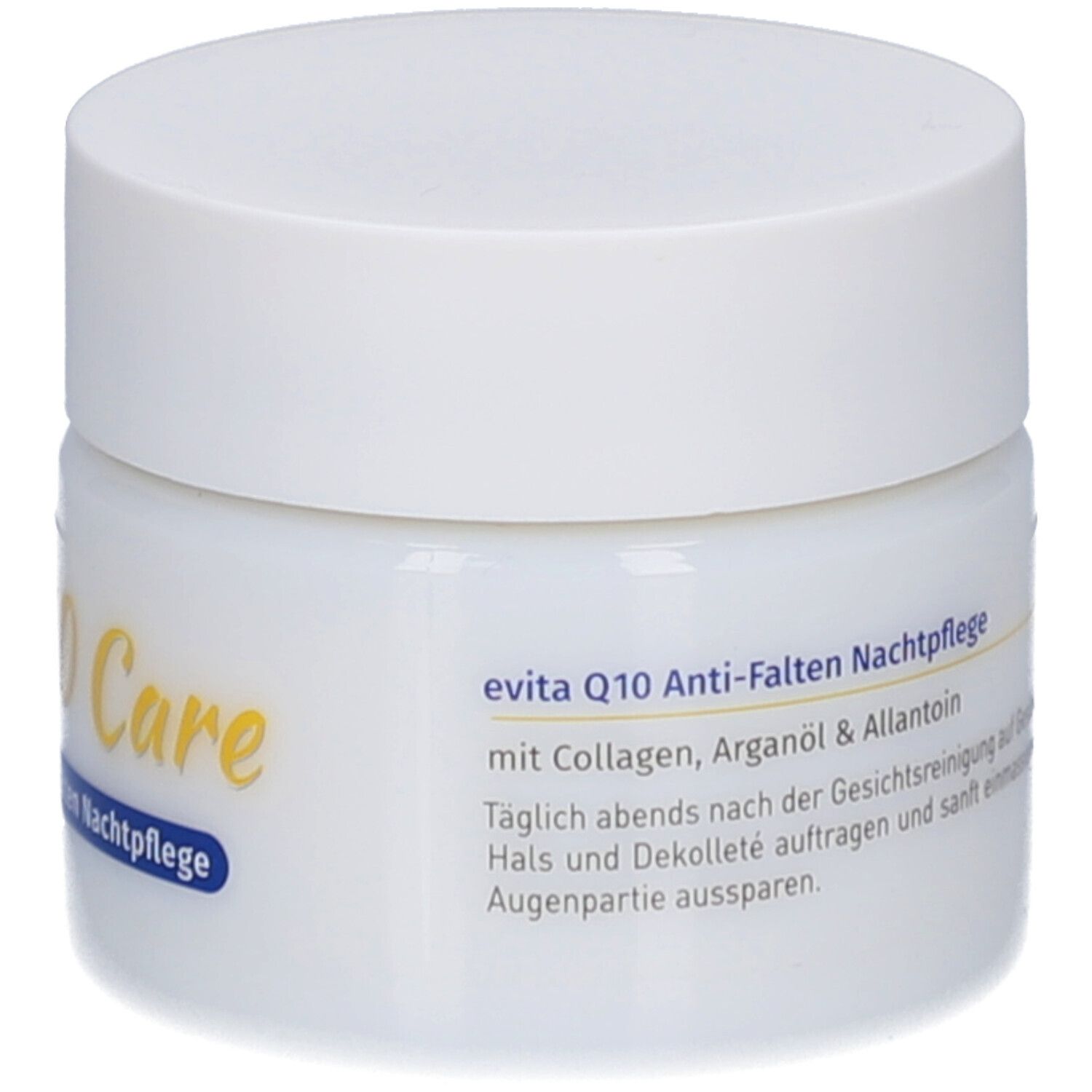 Witte pot met wit deksel. Opschrift: evita Q10 Care Anti-rimpel nachtverzorging. Met collageen, arganolie & allantoïne.