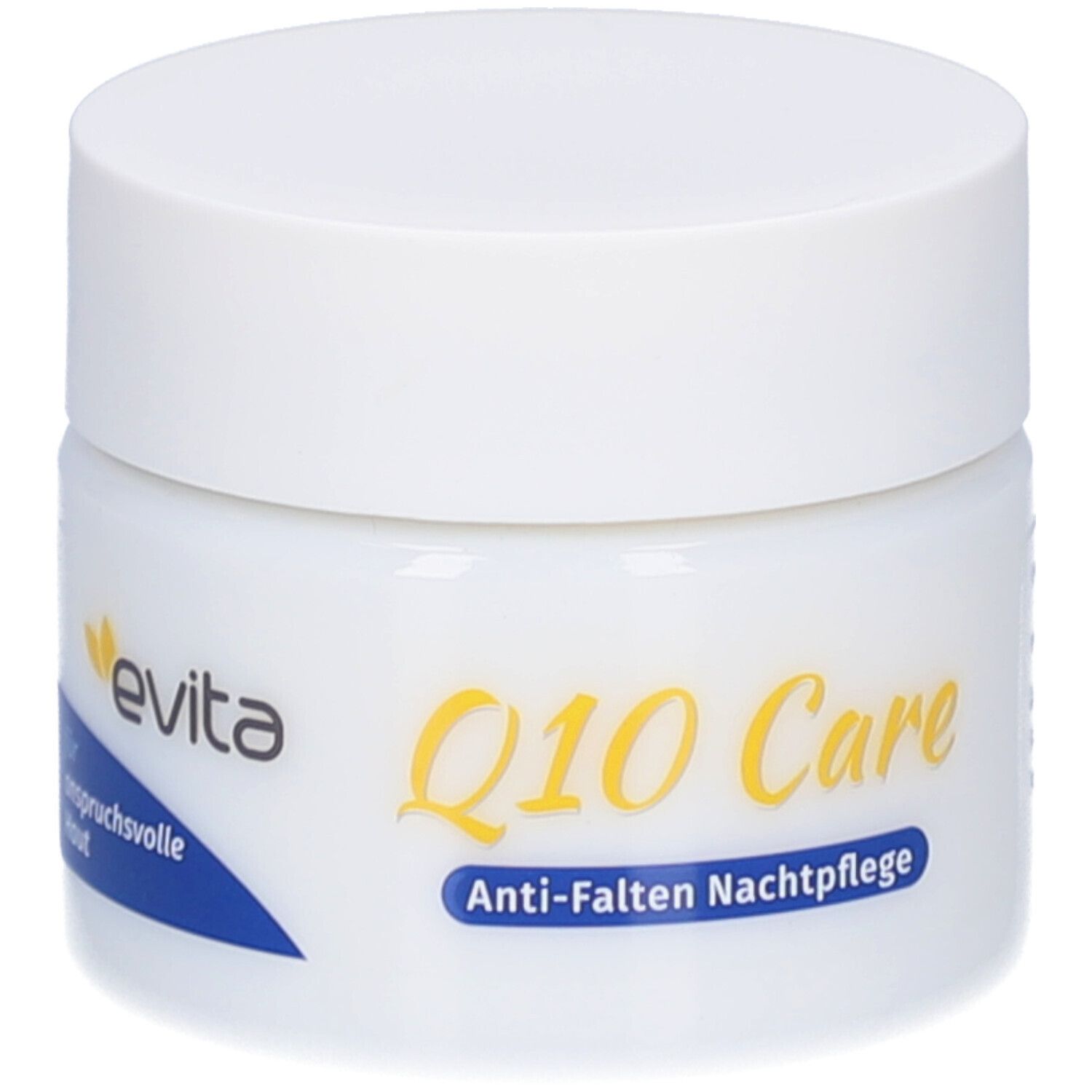 Witte pot met wit deksel. Opschrift: evita, Q10 Care Anti-rimpel nachtverzorging.