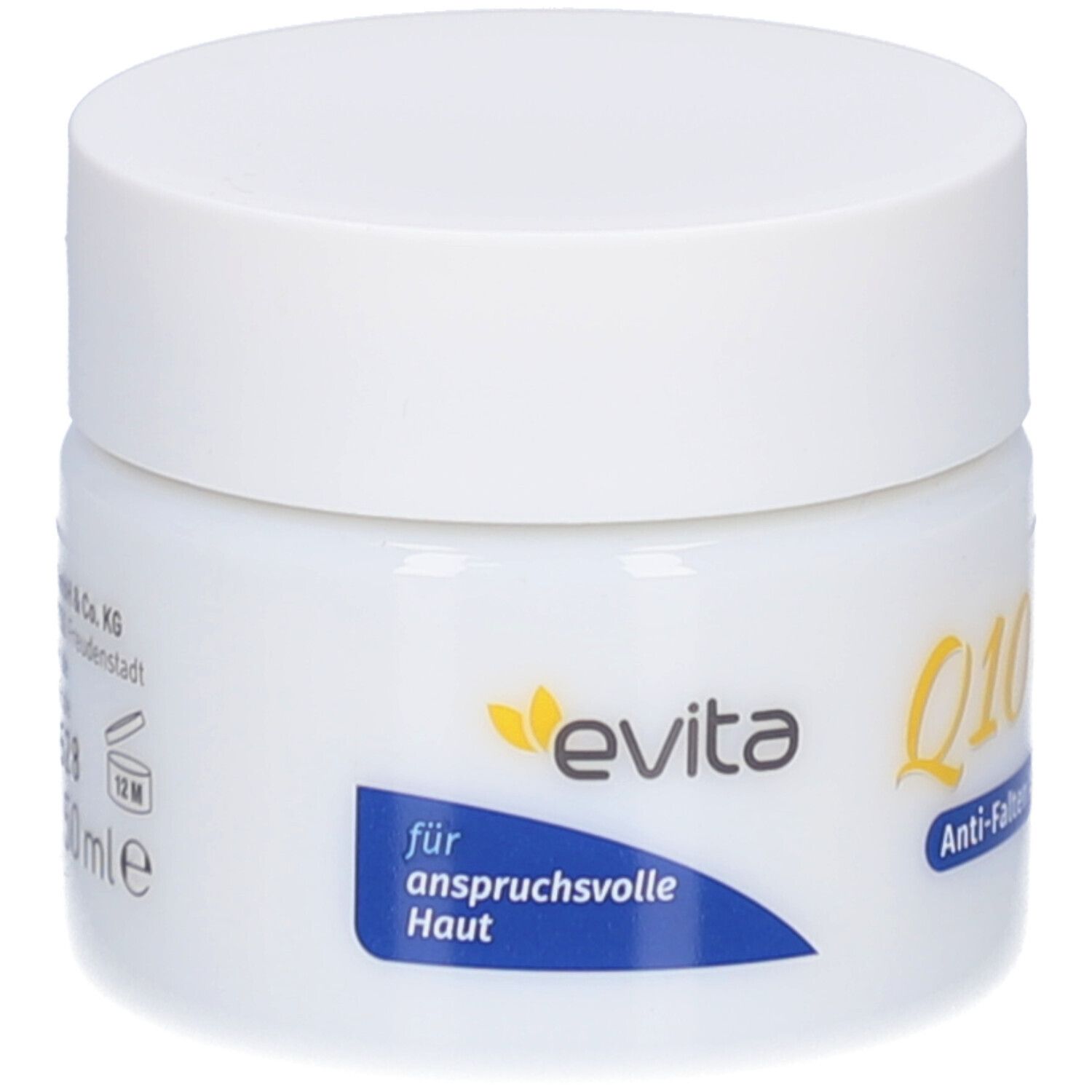 Witte pot met wit deksel. Opschrift: evita, voor veeleisende huid. 50 ml.