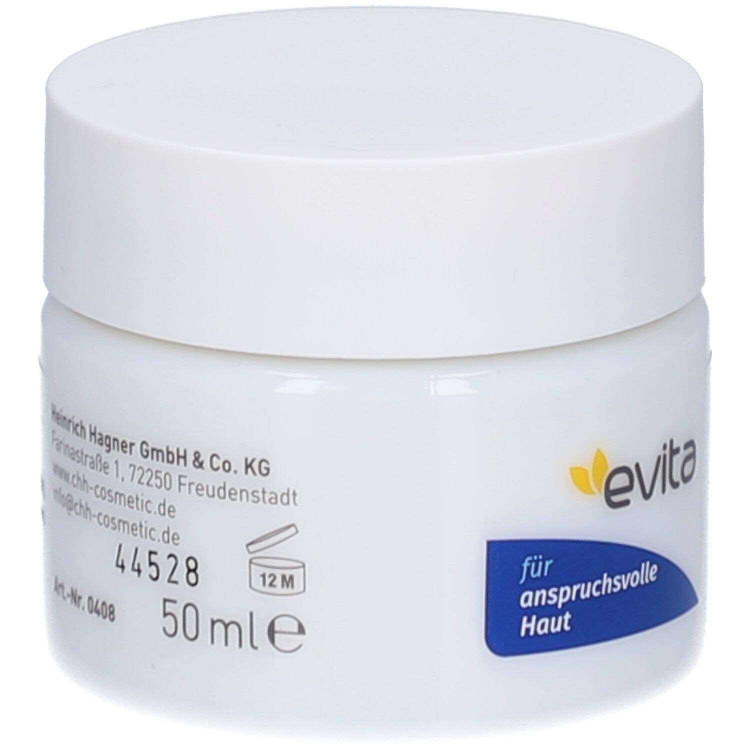 Witte pot met wit deksel. Opschrift: evita, voor veeleisende huid. 50 ml.