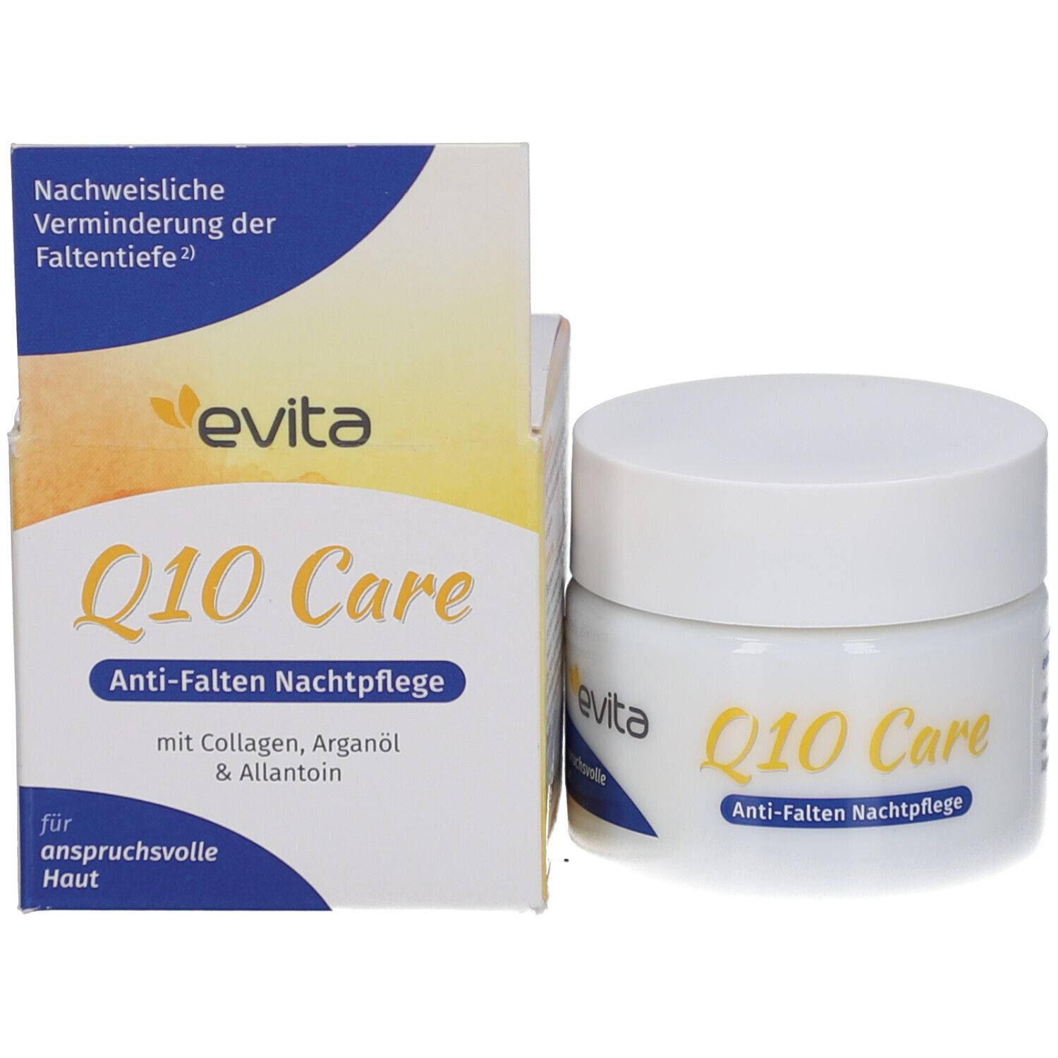 Witte pot en doos. Opschrift: evita Q10 Care Anti-rimpel nachtverzorging. Met collageen, arganolie & allantoïne.