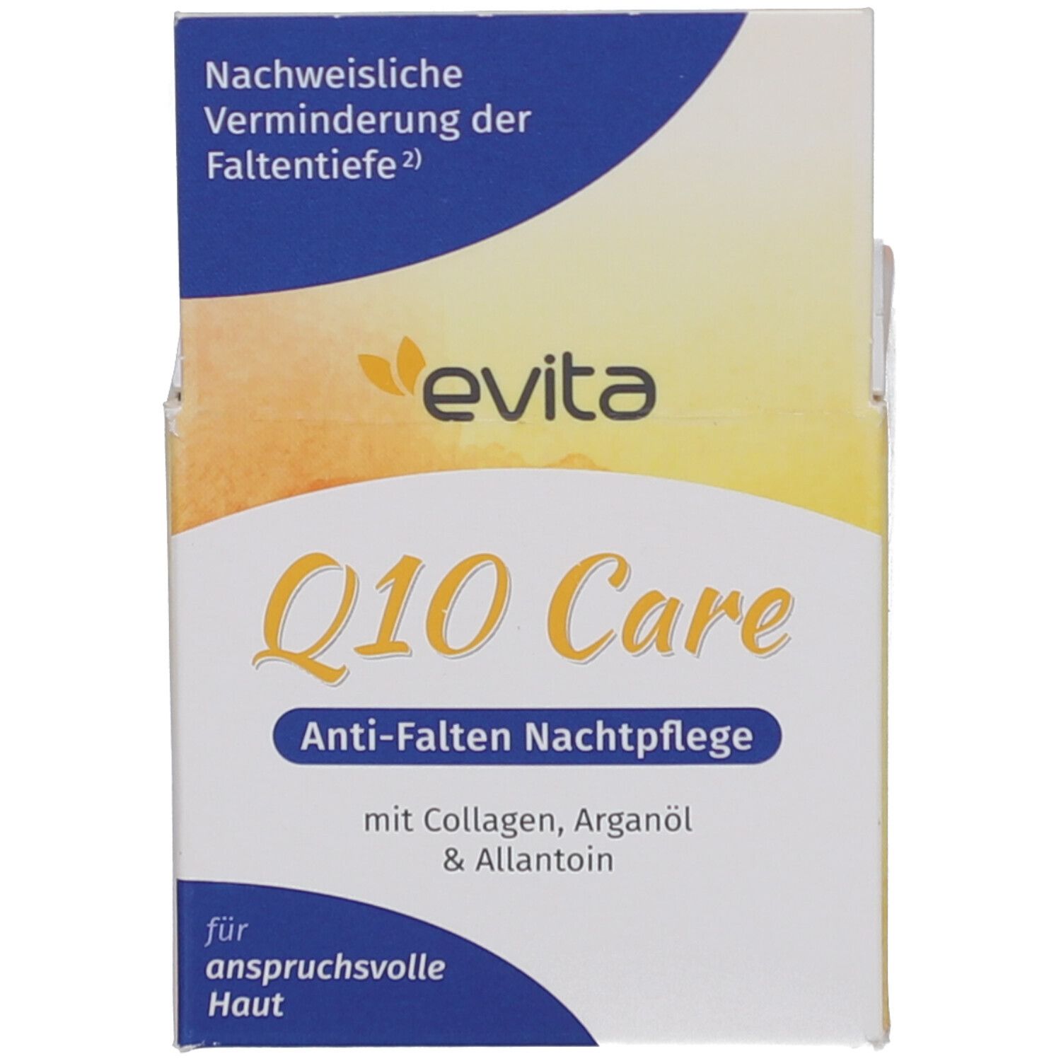 Doos met opschrift: evita Q10 Care Anti-rimpel nachtverzorging. Met collageen, arganolie & allantoïne. Voor veeleisende huid.