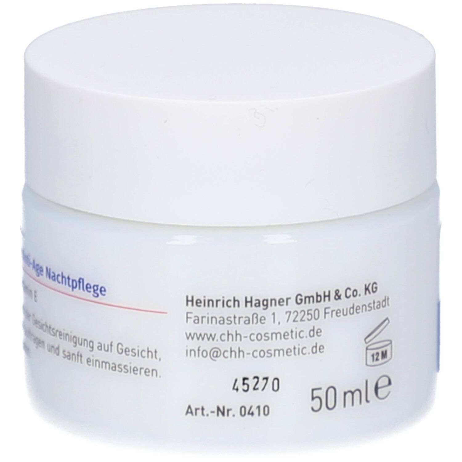 Witte pot met schroefdop. Opschrift: Anti-Age Nachtpflege, Heinrich Hagner GmbH & Co. KG, 50 ml, 12M.