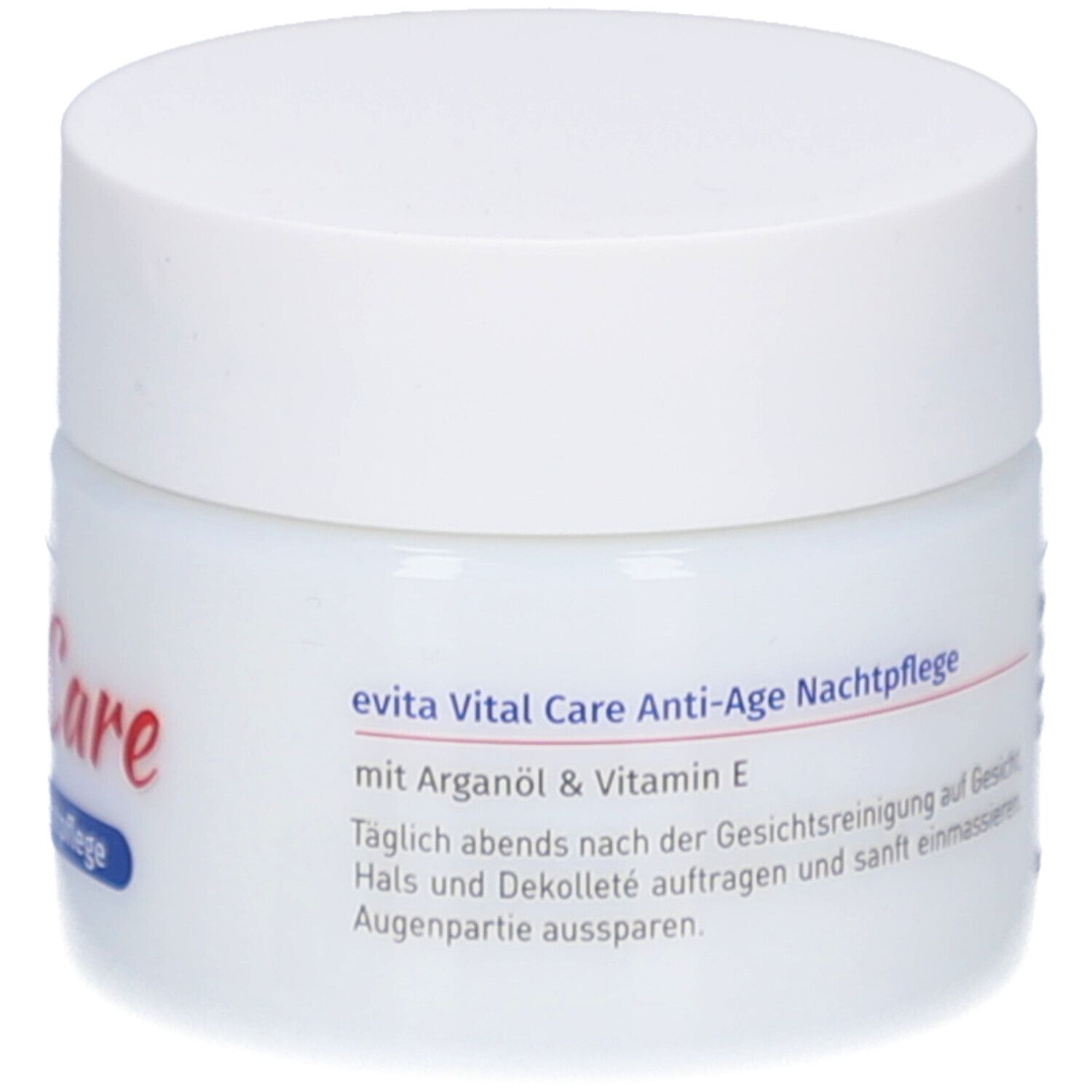Witte pot met schroefdop. Opschrift: evita Vital Care Anti-Age Nachtpflege, met arganolie & vitamine E.