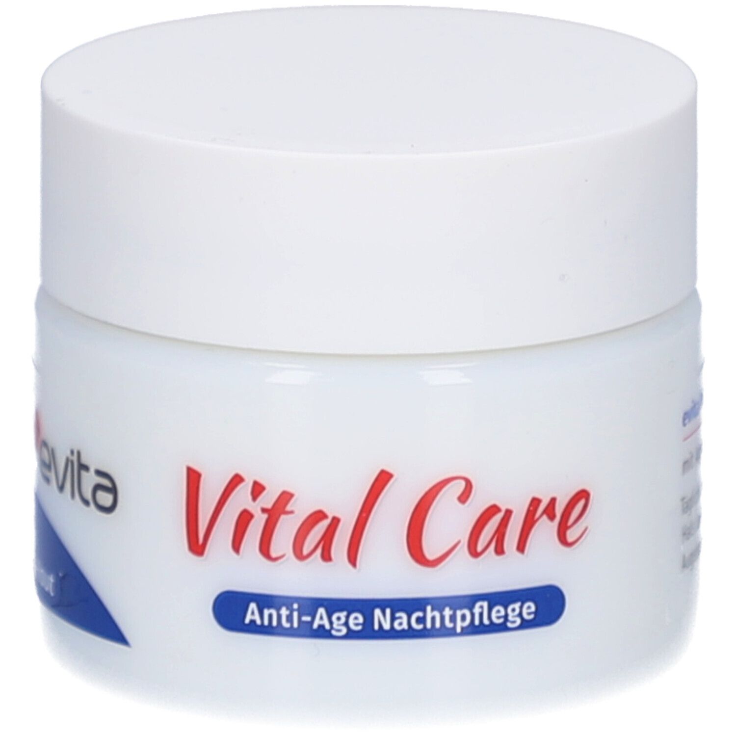 Witte pot met schroefdop. Opschrift: evita, Vital Care, Anti-Age Nachtpflege.