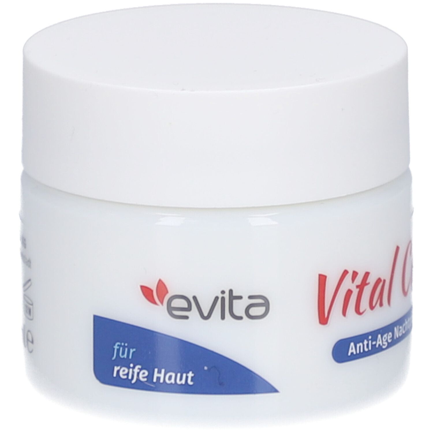Witte pot met schroefdop. Opschrift: evita, Vital Care, Anti-Age Nachtpflege, voor de rijpere huid.