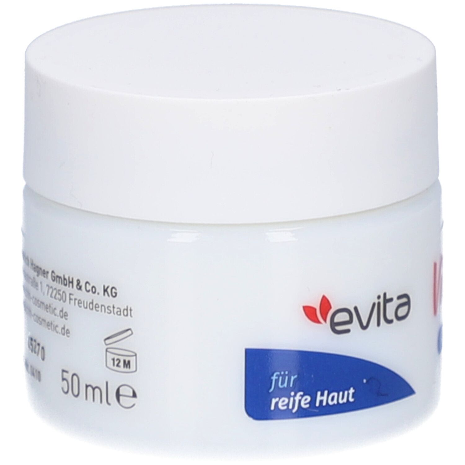 Witte pot met schroefdop. Opschrift: evita, Vital Care, Anti-Age Nachtpflege, voor de rijpere huid. 50 ml, 12M.