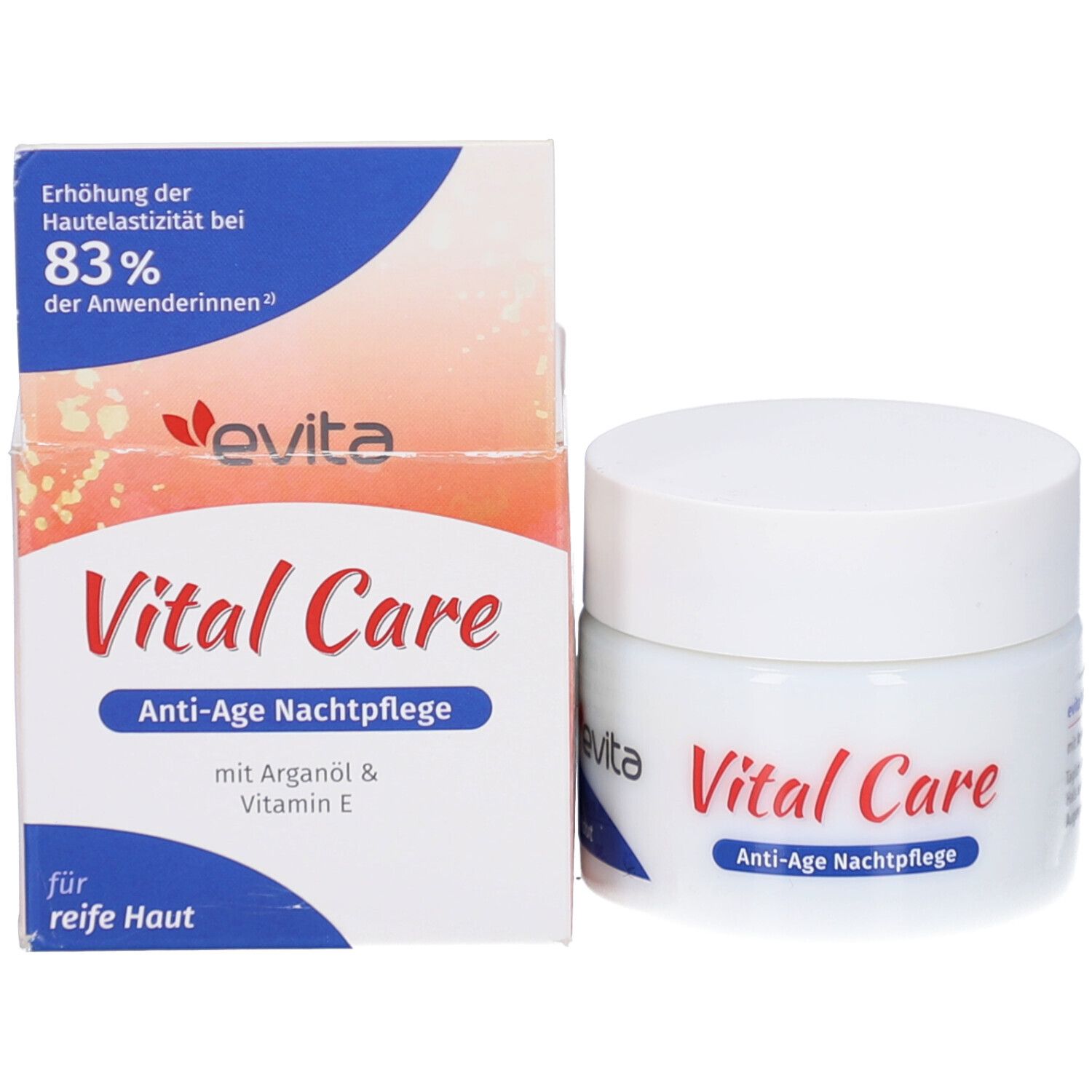 Witte pot en doos. Opschrift: evita, Vital Care, Anti-Age Nachtpflege, voor de rijpere huid. Met arganolie & vitamine E.