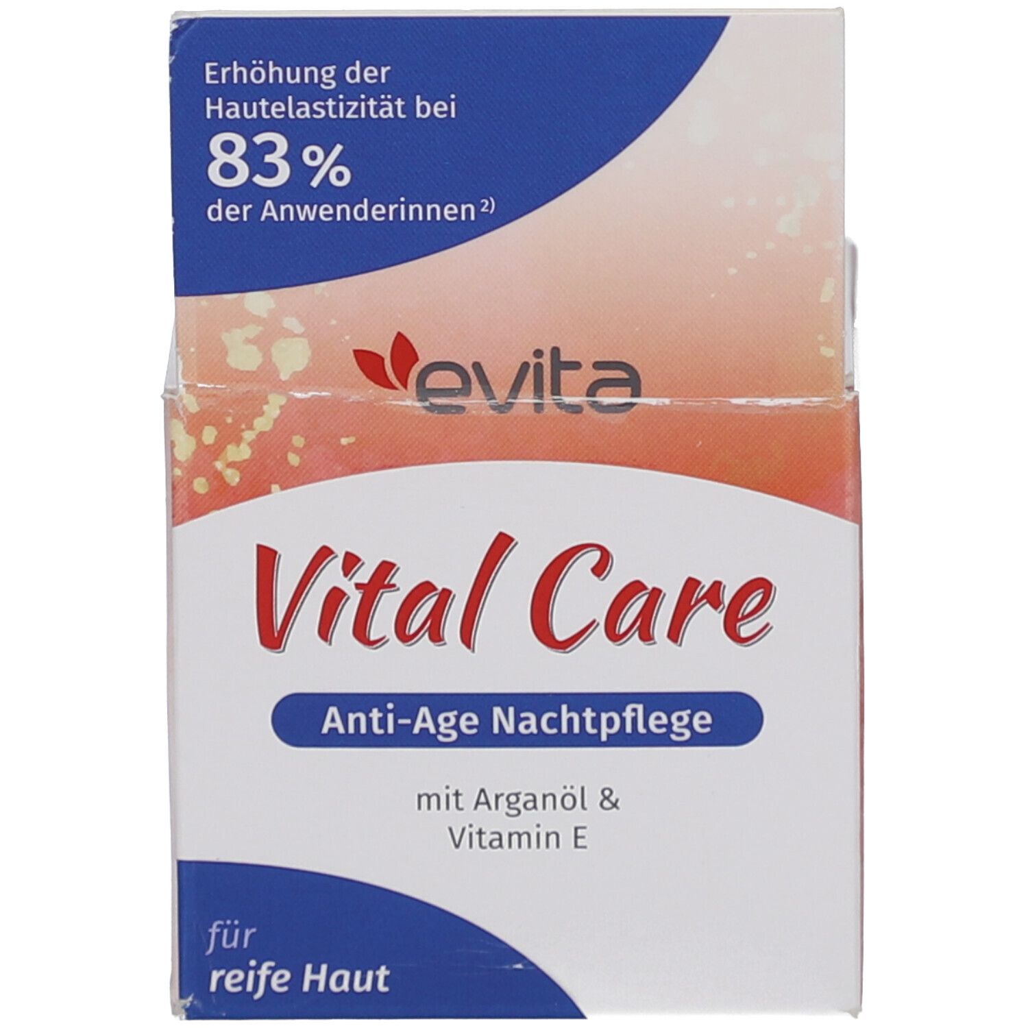 Doos. Opschrift: evita, Vital Care, Anti-Age Nachtpflege, voor de rijpere huid. Met arganolie & vitamine E. 83% elasticiteit.
