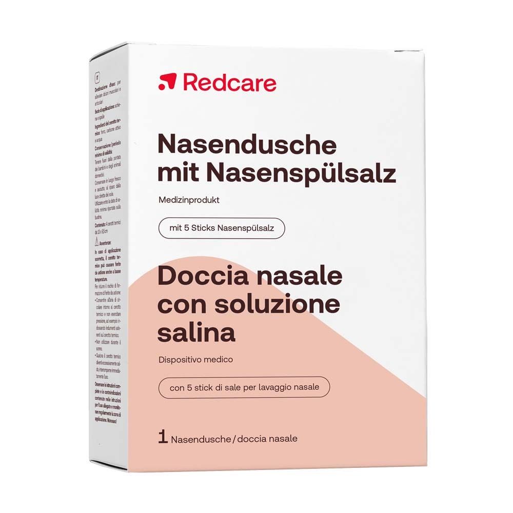 Boîte blanche et rouge. Inscription: Redcare Nasendusche mit Nasenspülsalz. Produit médical. Textes allemand et italien.