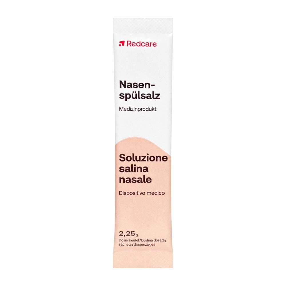 Verpakking van Redcare Nasenspülsalz. Opschrift: Nasenspülsalz, medisch product. Soluzione salina nasale, medisch hulpmiddel. 2,25g.