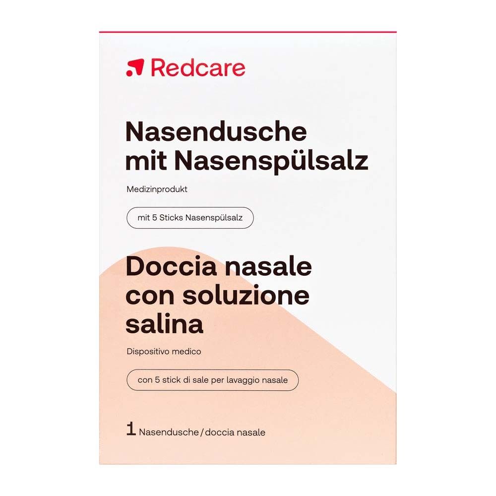 Verpakking van Redcare Nasendusche mit Nasenspülsalz. Bevat neusdouche en 5 sticks zout. Opschrift: Doccia nasale con soluzione salina.