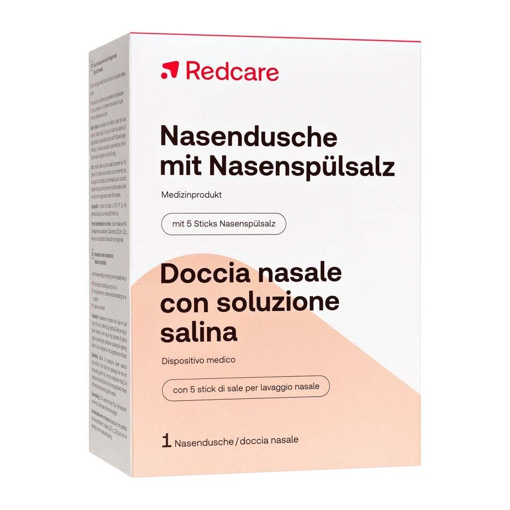 Verpakking van Redcare Nasendusche mit Nasenspülsalz. Bevat neusdouche en 5 sticks zout. Opschrift: Doccia nasale con soluzione salina.