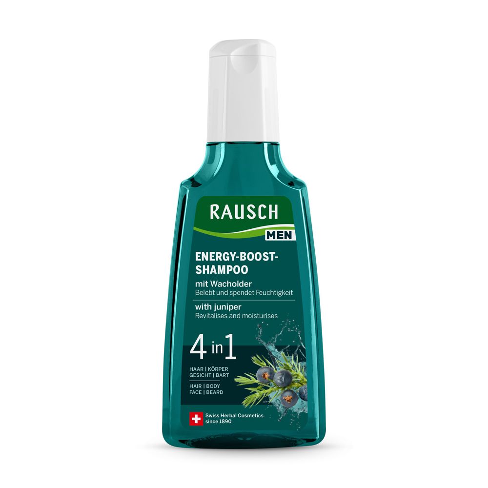Flacon vert RAUSCH Energy-Boost-Shampoo mit Wacholder. Formule 4 en 1. Contient du genévrier et hydrate. Swiss Herbal Cosmetics.