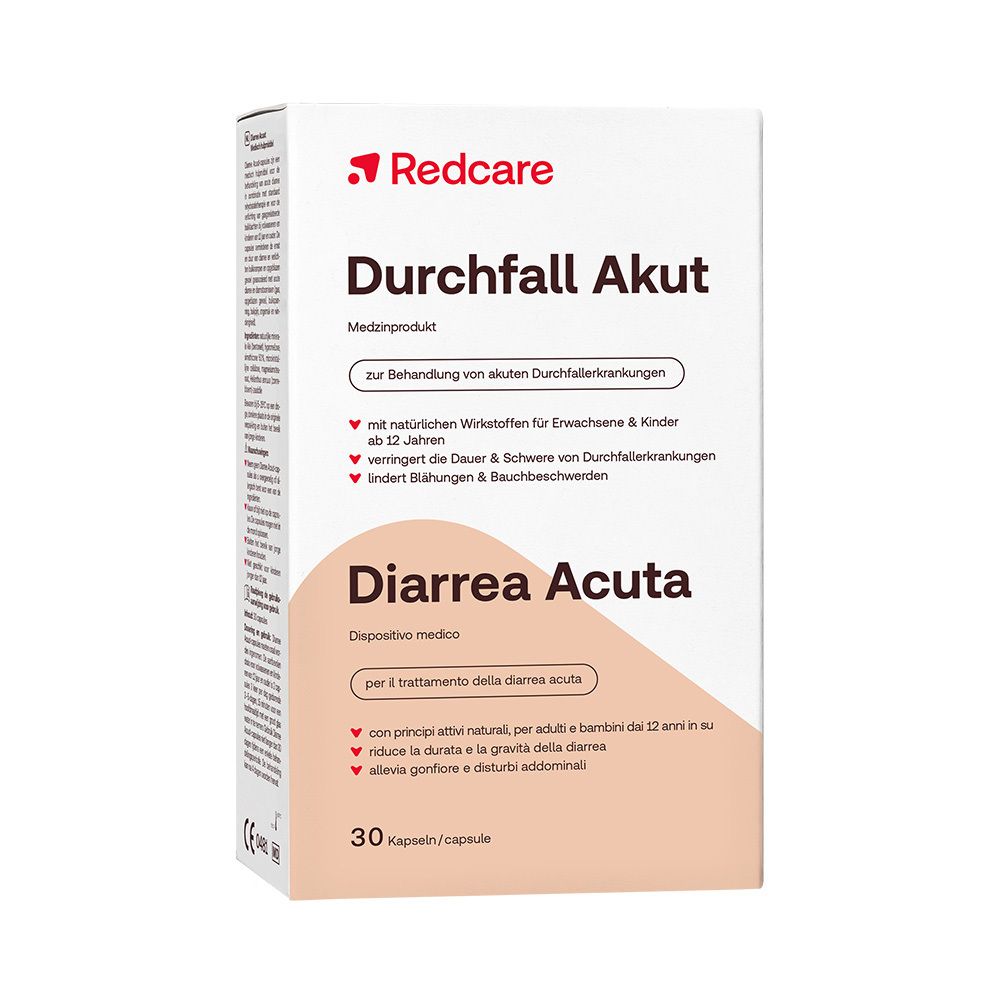 Boîte blanche avec logo rouge "Redcare". Inscription "Durchfall Akut" et "Diarrhea Acuta". 30 gélules.