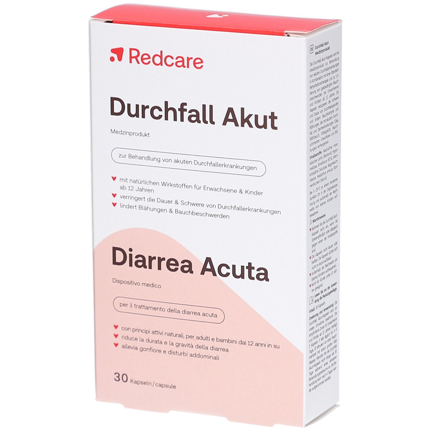 Witte doos met rood logo "Redcare". Opschrift "Durchfall Akut" en "Diarrhea Acuta". 30 capsules.