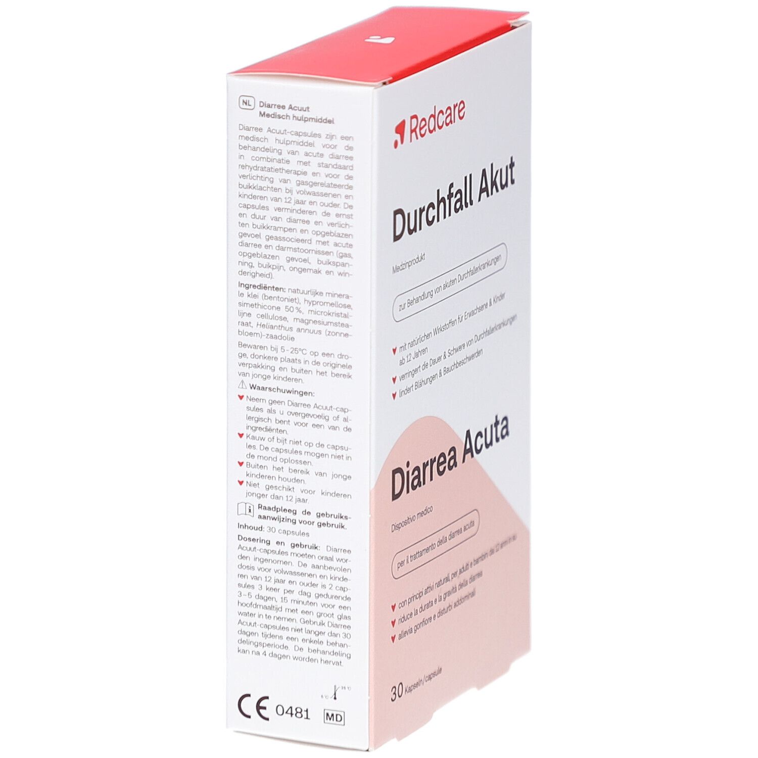 Doos met rood logo "Redcare". Opschrift "Durchfall Akut" en "Diarrhea Acuta". Tekst in het Duits.