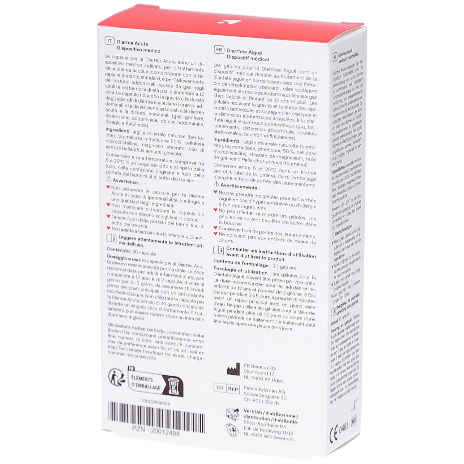 Doos met rood logo "Redcare". Opschrift "Durchfall Akut" en "Diarrhea Acuta". Tekst in het Duits.