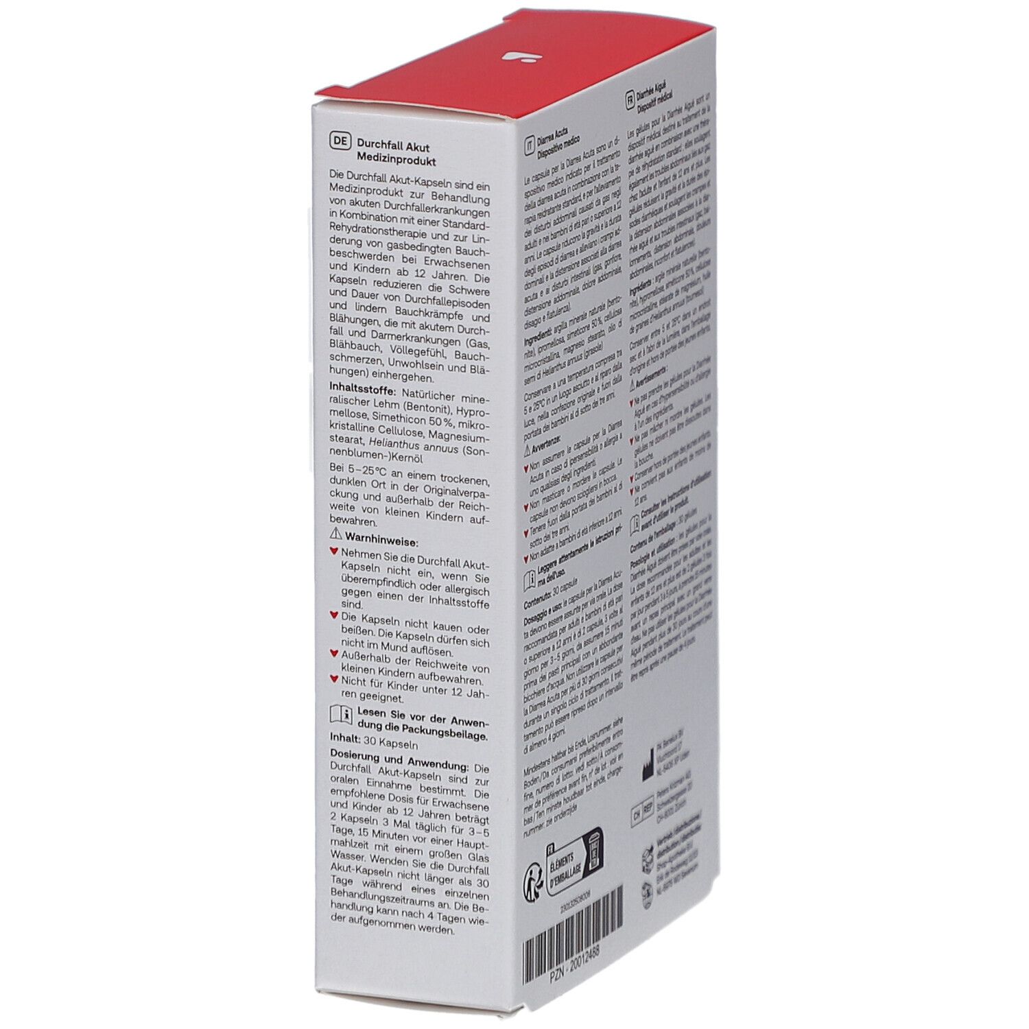 Witte doos met rood logo "Redcare". Opschrift "Durchfall Akut" en "Diarrhea Acuta". 30 capsules.