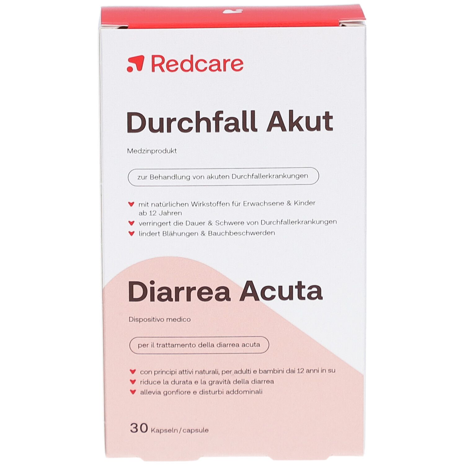 Witte doos met rood logo "Redcare". Opschrift "Durchfall Akut" en "Diarrhea Acuta". 30 capsules.