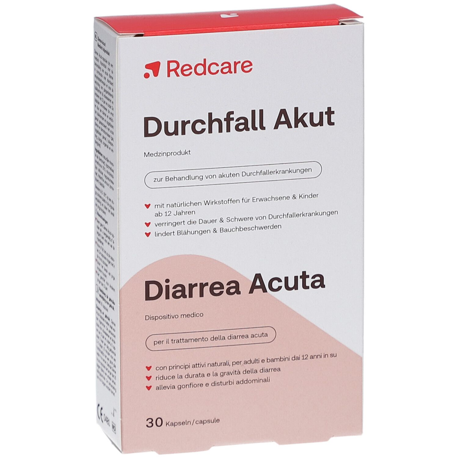 Witte doos met rood logo "Redcare". Opschrift "Durchfall Akut" en "Diarrhea Acuta". 30 capsules.