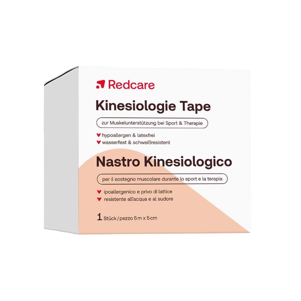 Verpakking van Redcare Kinesiologie Tape. Witte doos met rode tekst. Bevat 1 stuk, 5x5 cm.