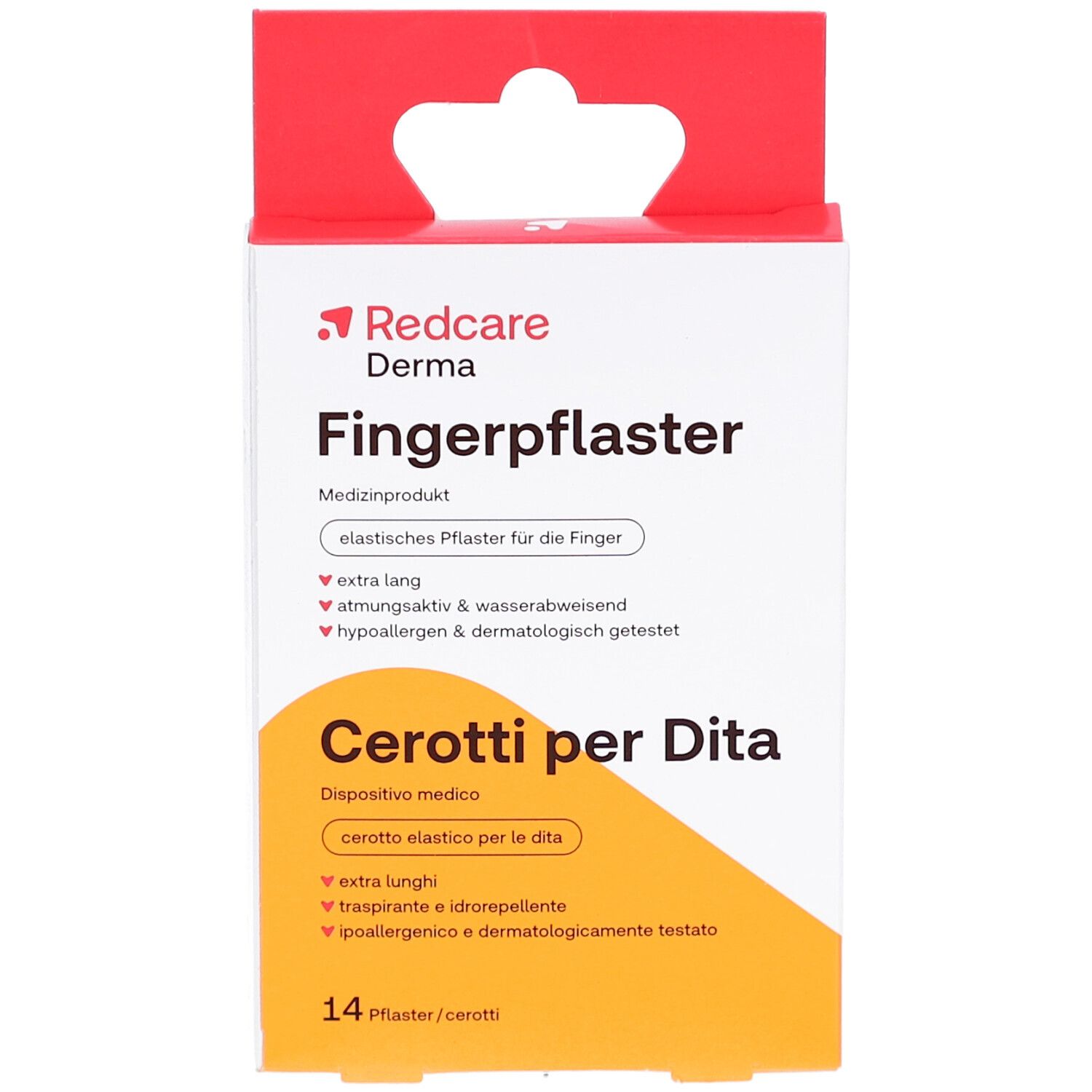Boîte de pansements pour doigts Redcare Derma. Inscription : Fingerpflaster, Cerotti per Dita. Contient 14 pansements.