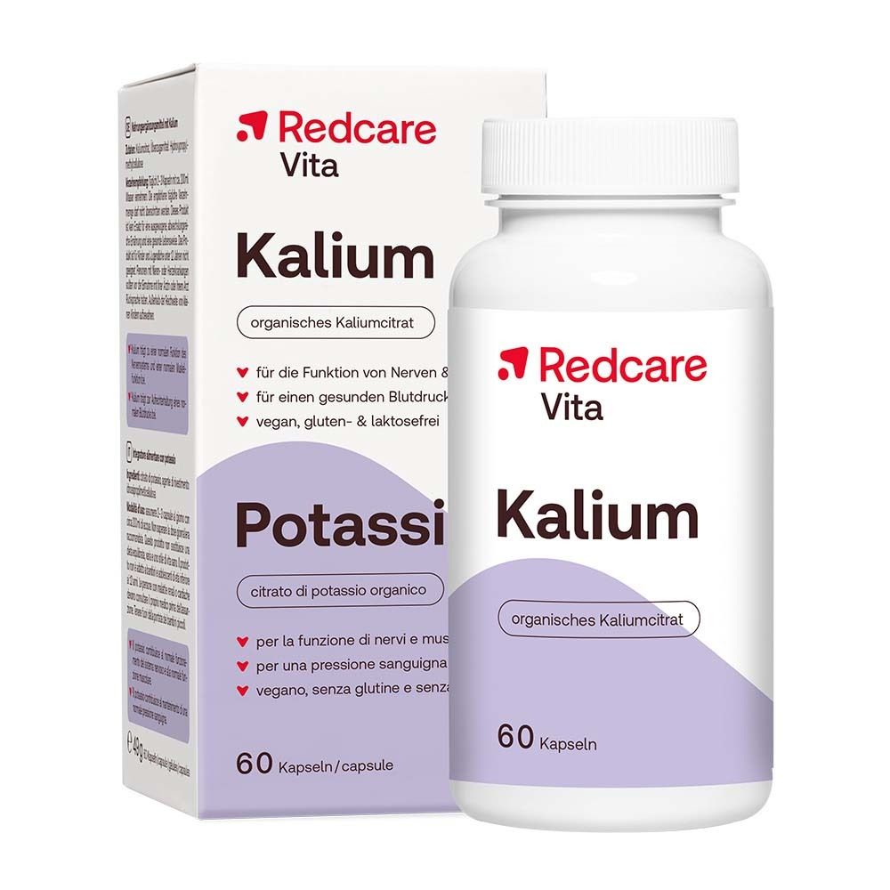 Witte fles met capsules Redcare Vita Kalium, 60 capsules. Daarnaast een doos met vergelijkbaar ontwerp.