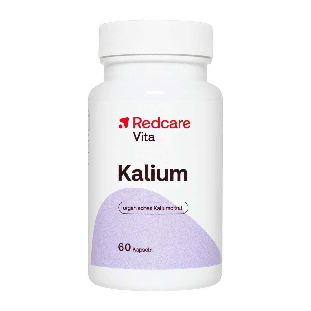 Witte fles met capsules. Opschrift: Redcare Vita Kalium, 60 capsules.