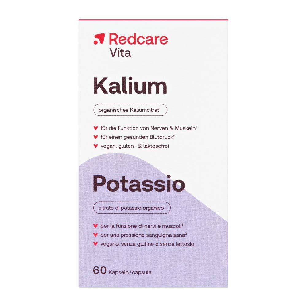 Doos met opschrift: Redcare Vita Kalium, Potassio, 60 capsules. Paarse accent.
