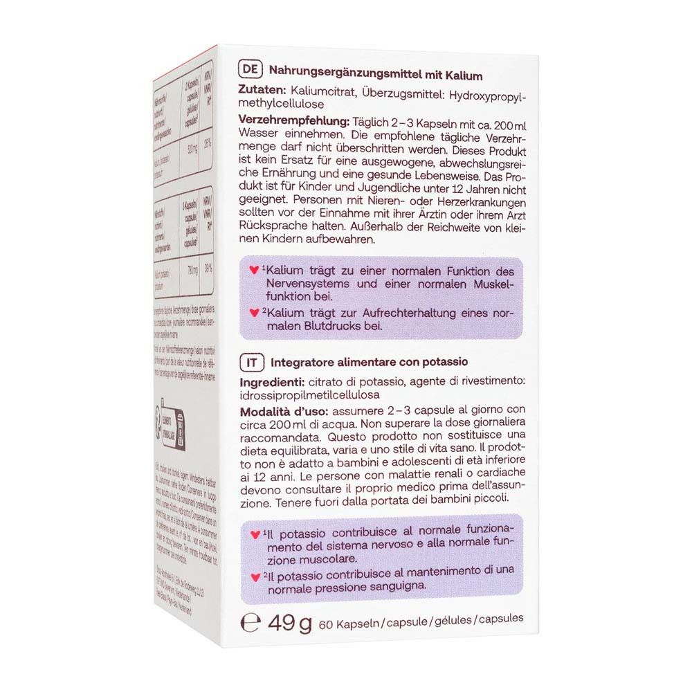 Doos met opschrift: Redcare Vita Kalium, Potassio, 60 capsules. Paarse accent.