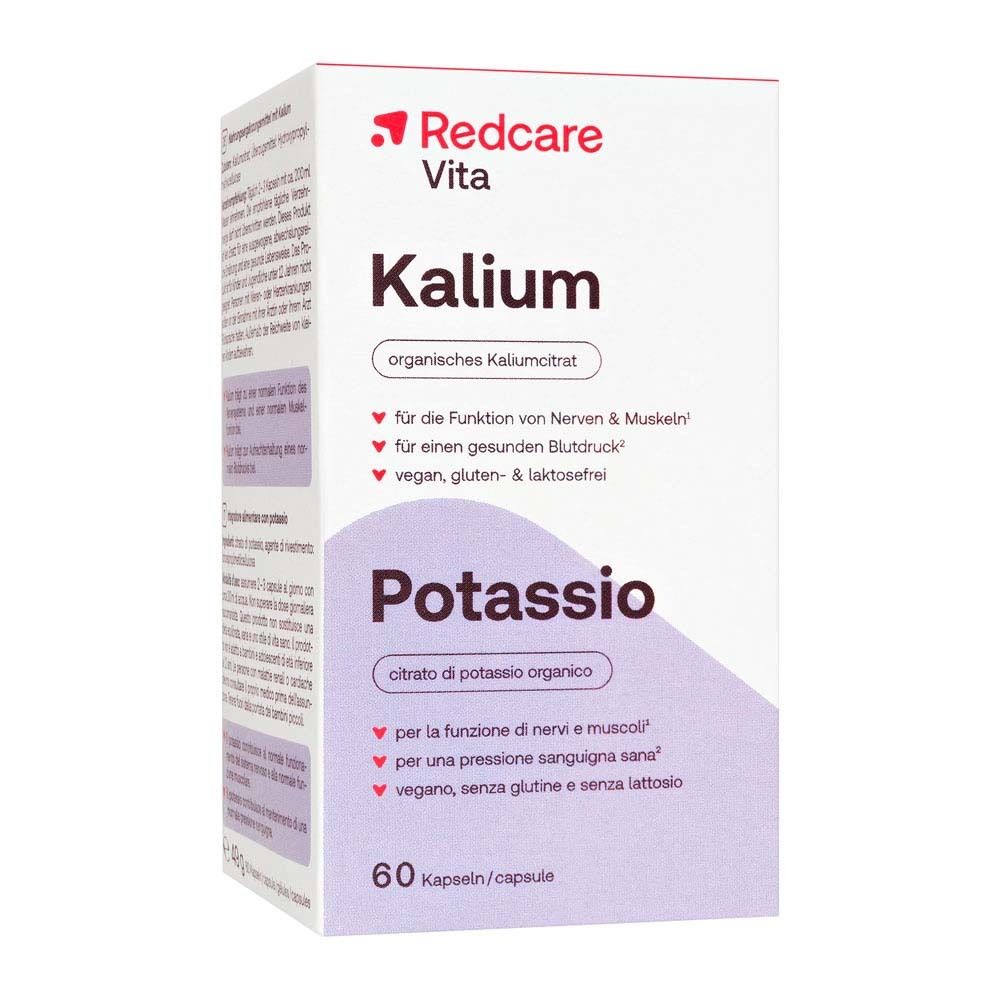 Doos met opschrift: Redcare Vita Kalium, Potassio, 60 capsules. Rode deksel.