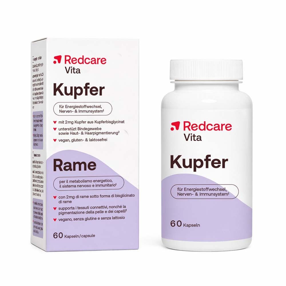 Boîte et flacon blancs Redcare Vita Kupfer. 60 gélules. Inscription Rame sur la boîte.