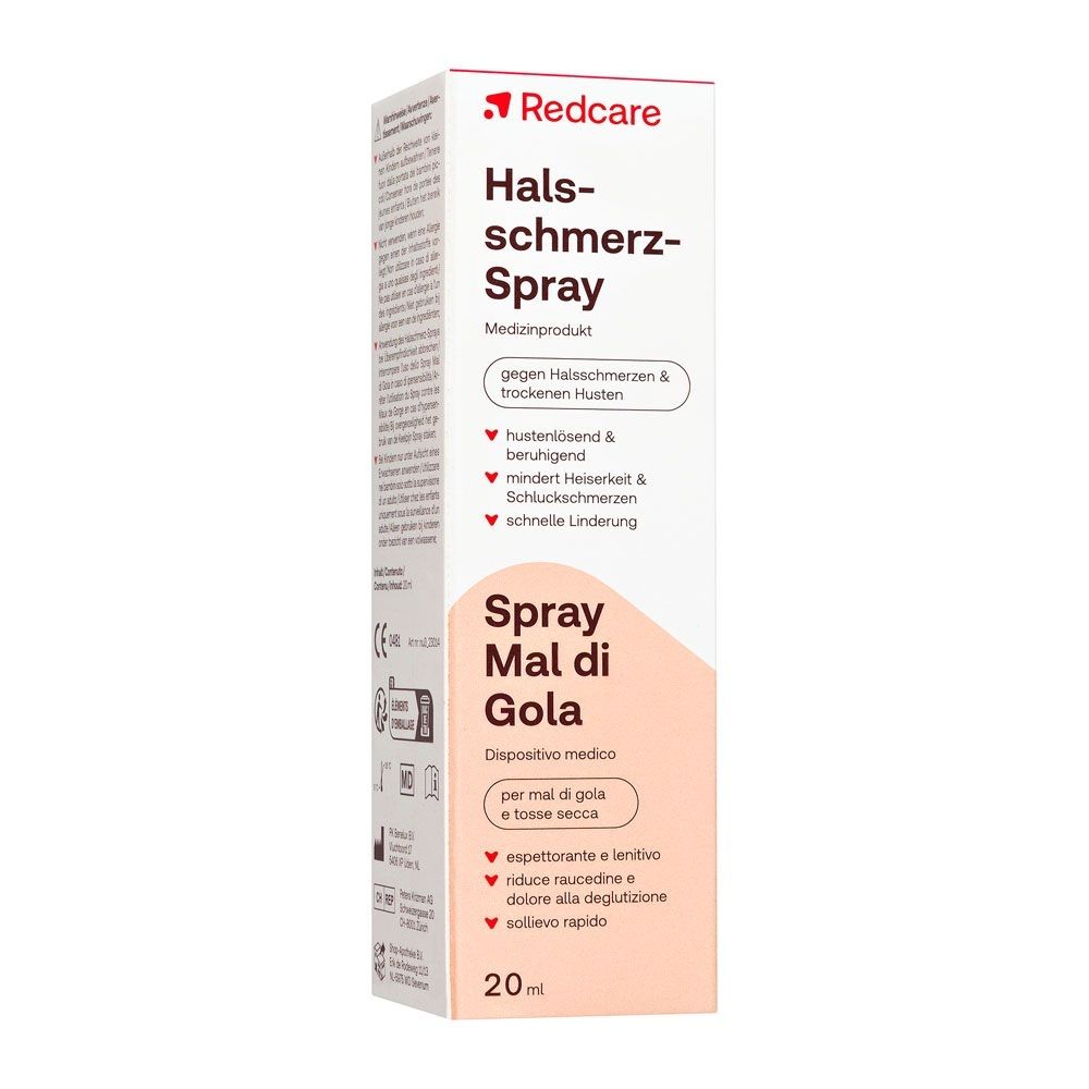 Emballage du spray pour la gorge Redcare avec marquage CE et symboles médicaux.