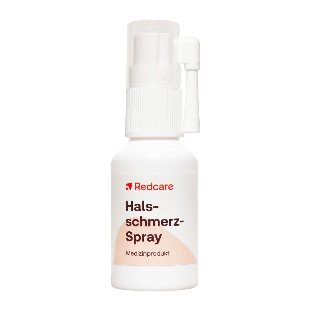 Spray pour la gorge Redcare dans un flacon blanc avec applicateur. Dispositif médical.