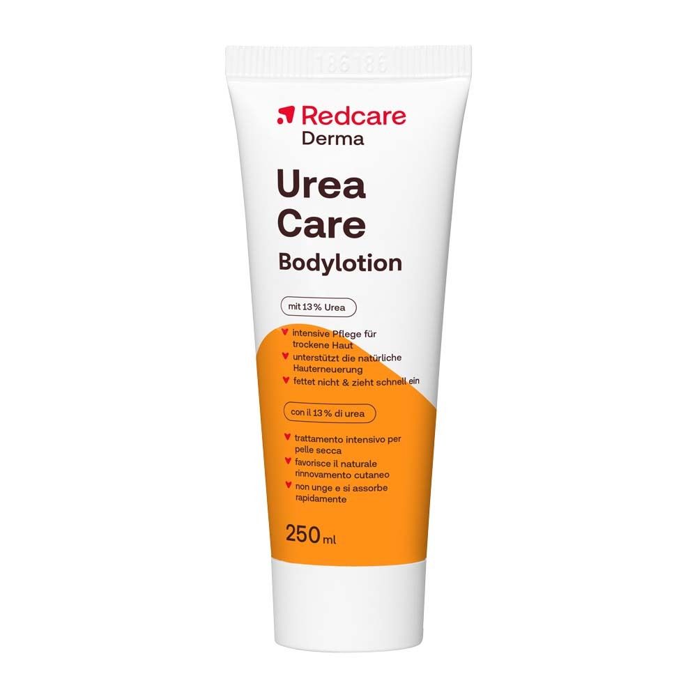 Tube blanche Redcare Derma Urea Care Bodylotion. Zone orange avec texte. 250ml.