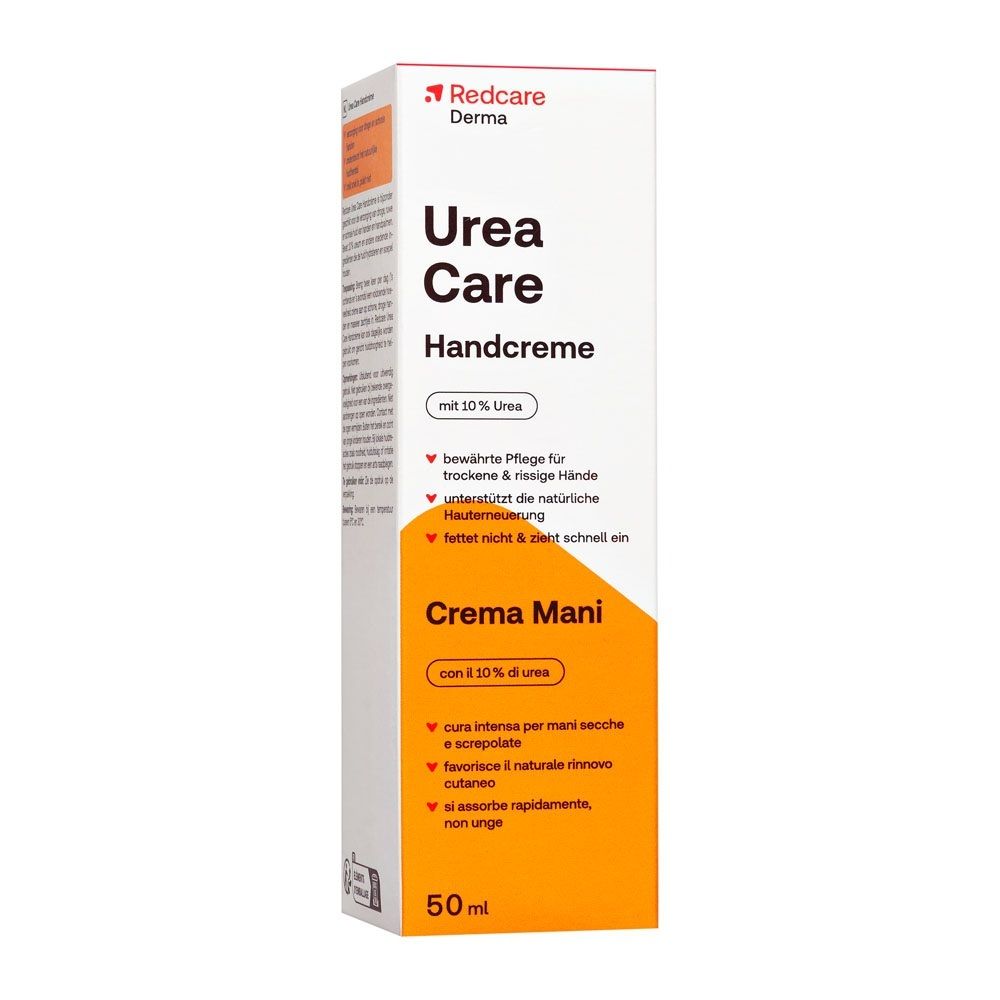 Verpakking van Redcare Derma Urea Care Handcreme met 10% ureum.